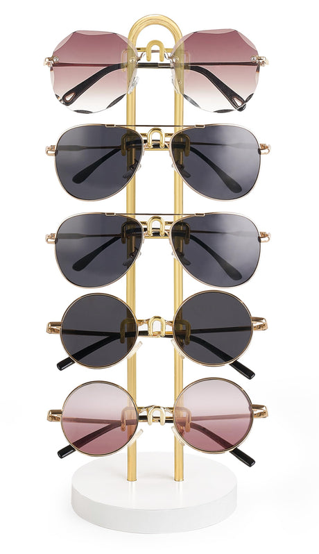 Mkono Sunglasses Organizer Glasses Holder Stand Sunglass Storage Eyeglasses Rack Metal Frame with Wood Base for 5 Pairs of Eyewear Display for Table Desk Countertop Dresser Bedroom, Set of 1, Gold Mkono