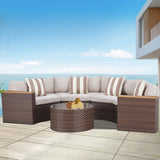 SUNCROWN Outdoor Round Sofa 5-Piece Patio Half-Moon Sectional Sets All Weather Wicker Conversation Furniture with Round Table and Thick Cushion (Light Brown) SUNCROWN