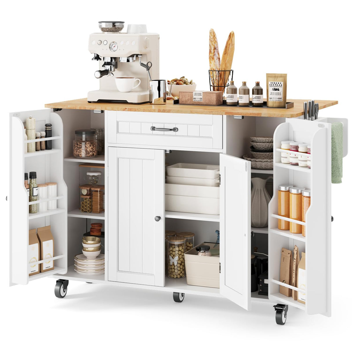 Ahomly Kitchen Island with Storage, 47.6" Rolling Kitchen Island on Wheels with Drop Leaf, Door Cabinet, Drawer, Spice Rack, Towel Rack and Knife Holder, Kitchen Cart Island Table for Kitchen, White Ahomly