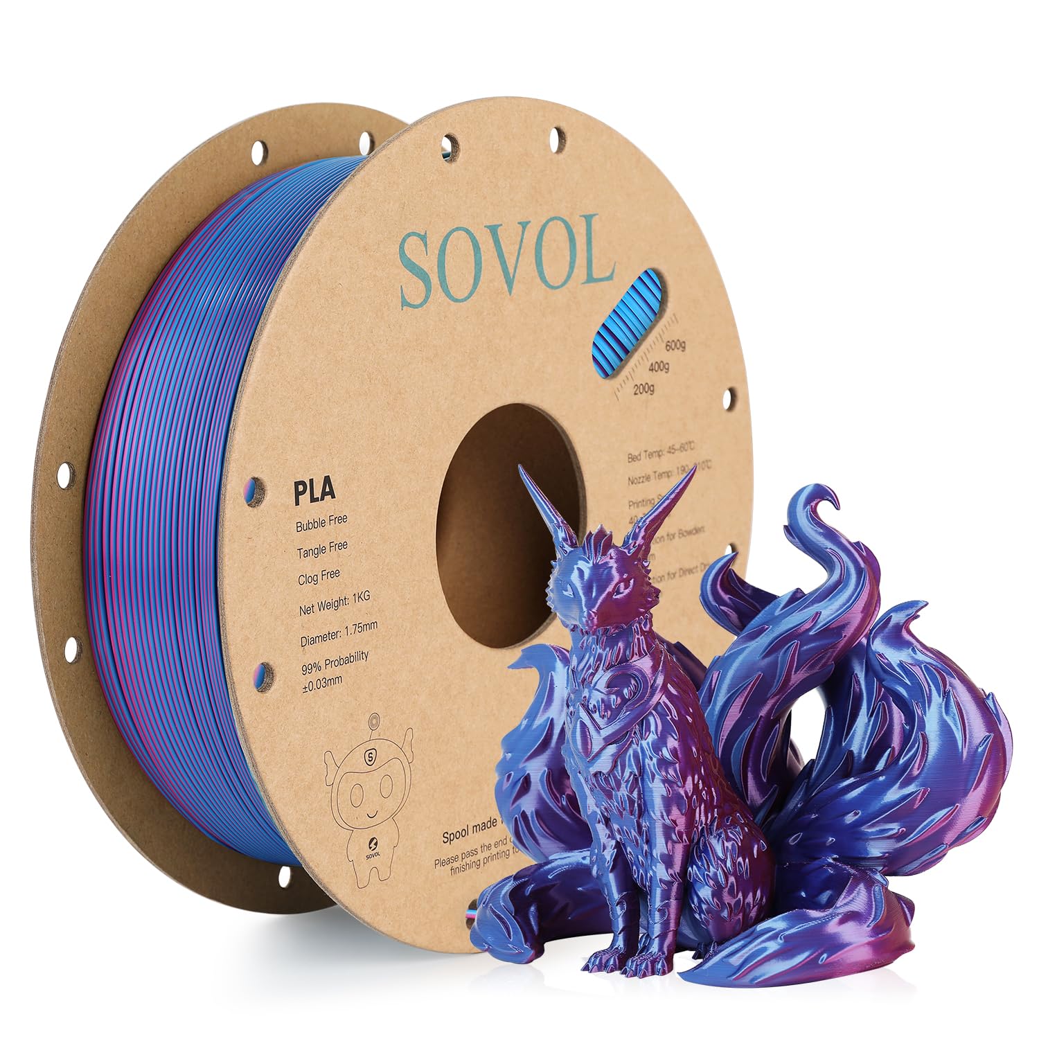 Sovol Dual Color PLA Filament 1.75mm, Silk PLA 3D Printing Material, Dual Color Filament Rose Red Blue 2 in 1 Coextrusion PLA Filament +/-0.02mm, 1kg/2.2lbs - WoodArtSupply