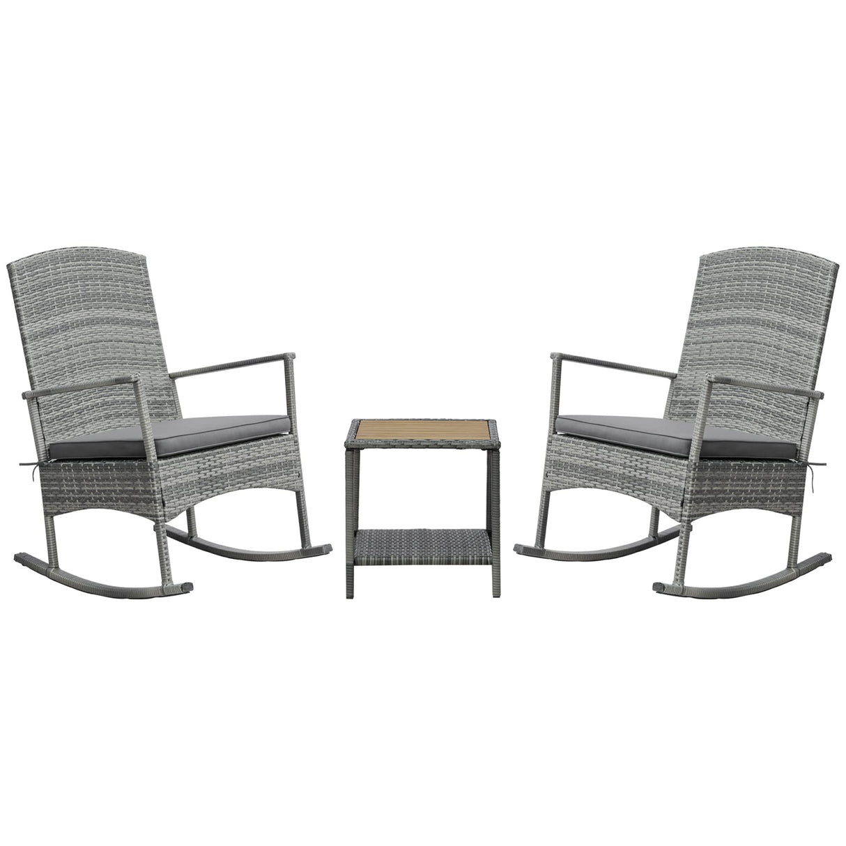 Outsunny 3 Piece Patio Rocking Chair Set, 2 PE Wicker Rocking Chairs, Cushioned, 1 Two-Tier Wood Slat Coffee Table, Rattan Front Porch Furniture, Gray Outsunny