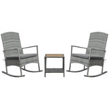 Outsunny 3 Piece Patio Rocking Chair Set, 2 PE Wicker Rocking Chairs, Cushioned, 1 Two-Tier Wood Slat Coffee Table, Rattan Front Porch Furniture, Gray Outsunny