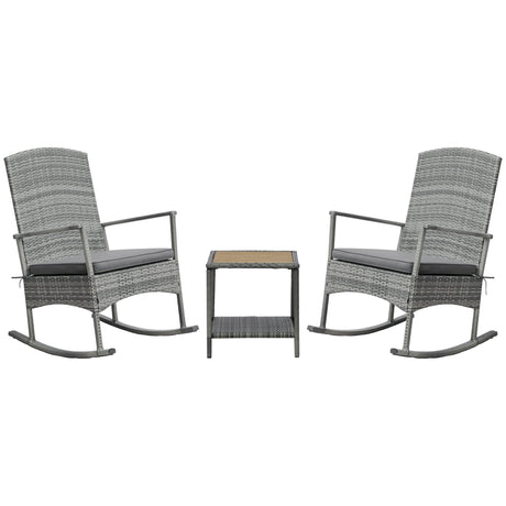 Outsunny 3 Piece Patio Rocking Chair Set, 2 PE Wicker Rocking Chairs, Cushioned, 1 Two-Tier Wood Slat Coffee Table, Rattan Front Porch Furniture, Gray Outsunny