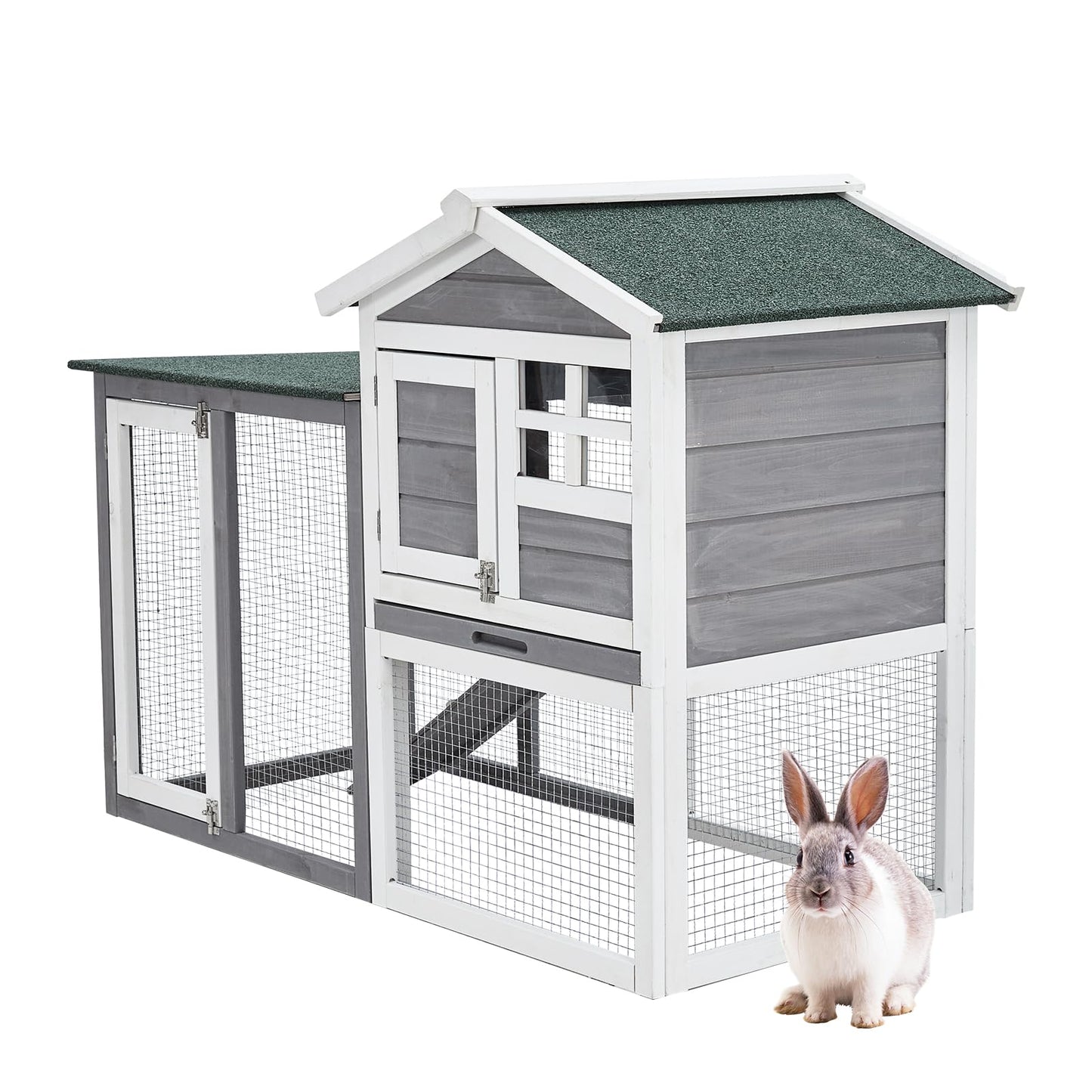 48" Wooden Rabbit Hutch Indoor Waterproof, Chicken Coop, 2 Lockable Doors Bunny Cage Indoor with Weather-Resistant Small House & Open Courtyard, Rabbit Cage Indoor with Wire Fence and Cleaning Tray