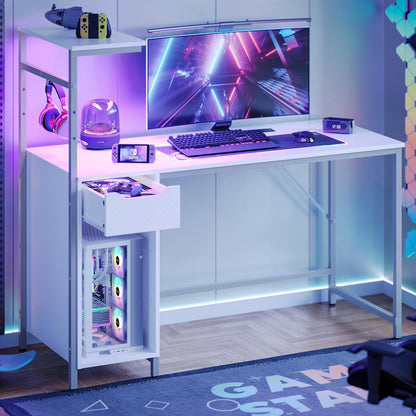 Bestier Gaming Desk with Drawer and LED Lights, 48 inch Computer Desk PC Table with Adjustable Storage Shelves & Hook for Home Office, Carbon Fiber White