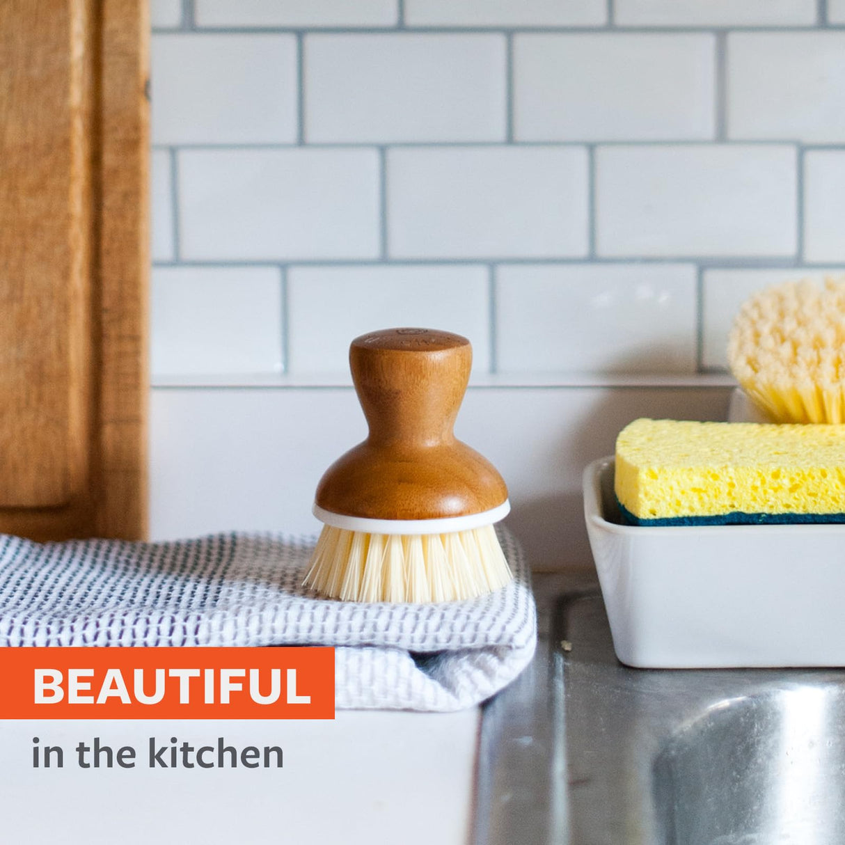 Full Circle Bubble Up- Eco-Friendly Bamboo Dish Brush & Ceramic Soap Dispenser - Natural Scrub Set for Dishes, Cast Iron - Kitchen Cleaning with Handle, White Full Circle