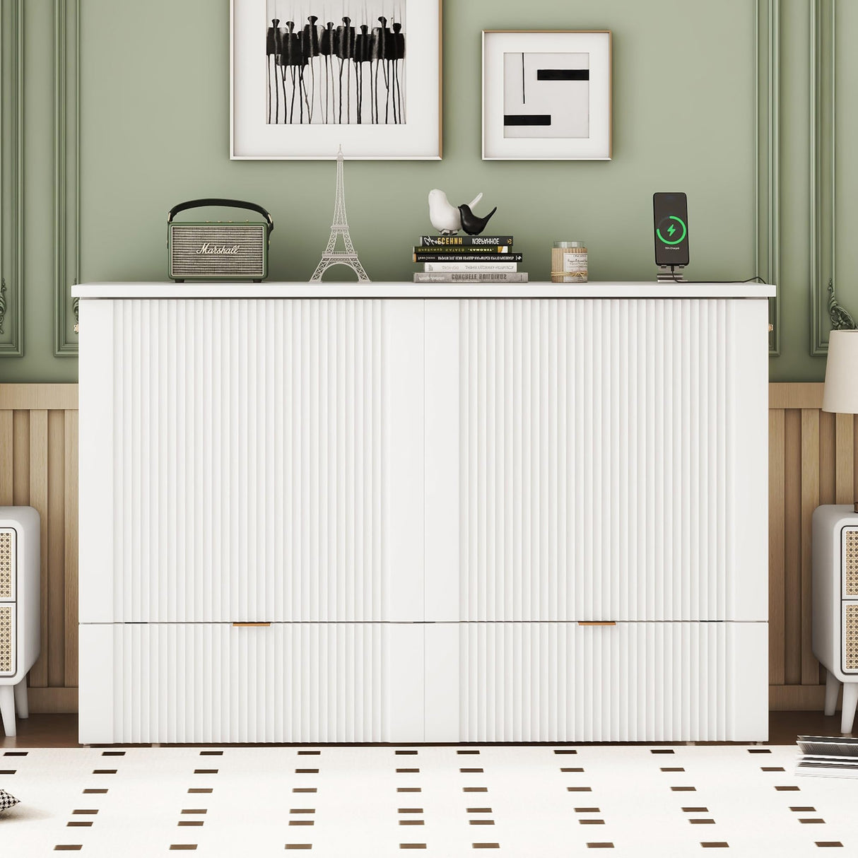 Harper & Bright Designs Full Size Murphy Bed, Wood Full Wall Bed with Drawer and a Set of Sockets & USB Ports, Pulley Structure Design, White Harper & Bright Designs