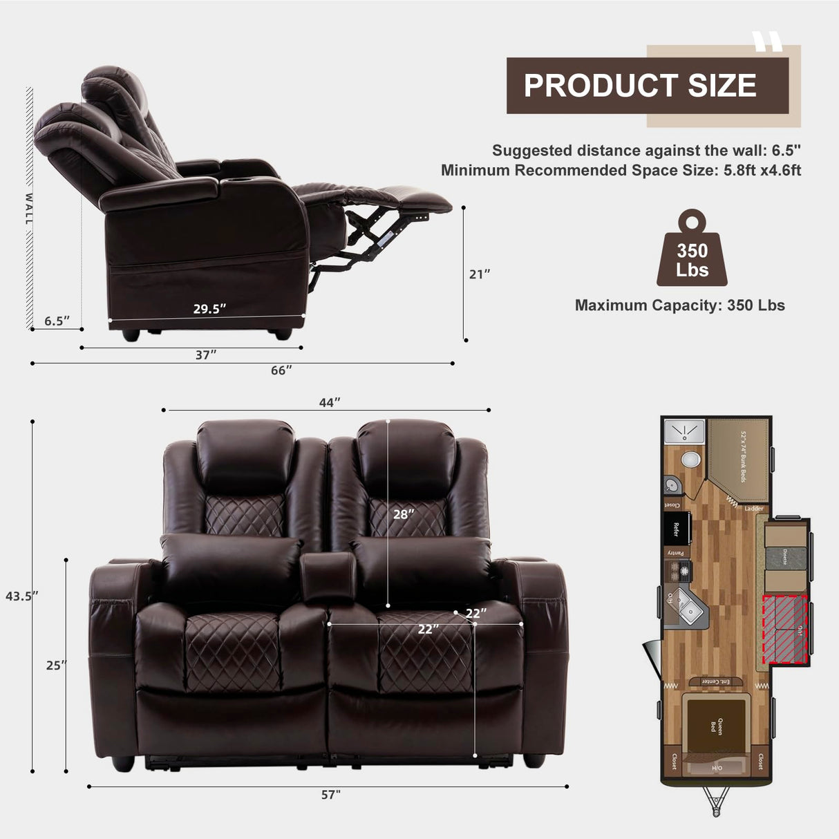 Attliahome 57" RV Loveseat Recliner, Double Recliner Furniture with 3 Arms and 2 Pillows, Wall Hugger Recliners & 135° Reclining Theater Seating (Brown PU Leather RV Couch) Attliahome