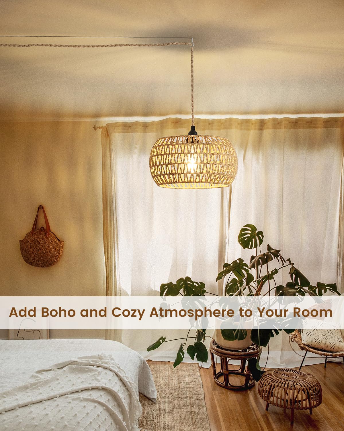 Rattan Boho Hanging Light,12.6'' Natural Hand Woven Fabric Drum Light,Plug Into Wall Outlet Pendant Light Fixture On/Off Switch for Dining,Living Room,Bedroom,Kitchen,Hallway Entryway, Without Bulb Dgroositon