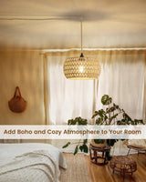 Rattan Boho Hanging Light,12.6'' Natural Hand Woven Fabric Drum Light,Plug Into Wall Outlet Pendant Light Fixture On/Off Switch for Dining,Living Room,Bedroom,Kitchen,Hallway Entryway, Without Bulb Dgroositon