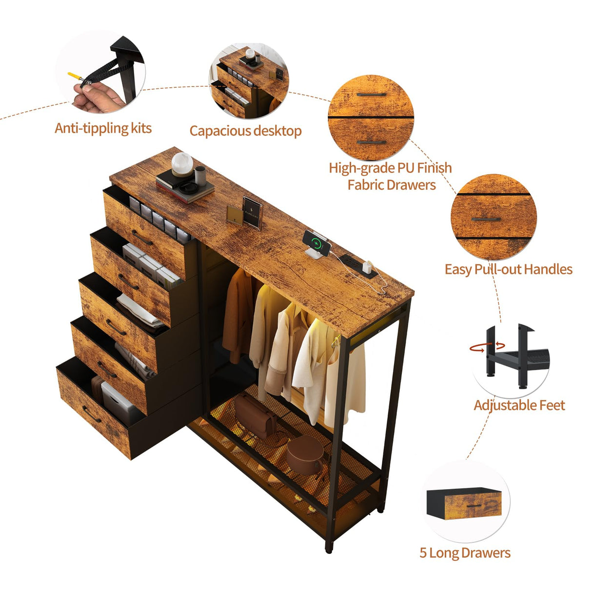 Dresser for Bedroom, Dresser with Hanging Rack Led Lights and Charging Station, Bedroom Dresser with 5 Fabric Chest of Drawers with PU Finish Storage Organizer, for Living Room Kids Room Closet, Brown SOOWERY