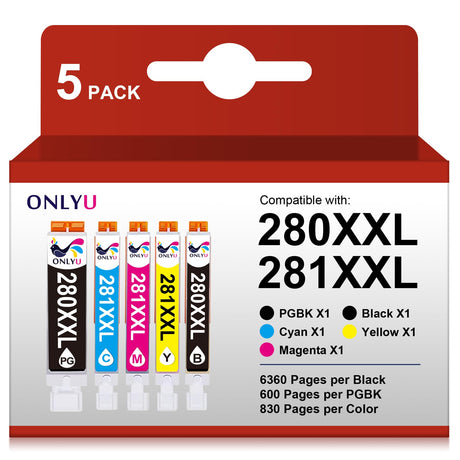 ONLYU Compatible Ink Cartridge Replacement for Canon 280 281 PGI-280XXL CLI-281XXL PGI 280 XXL CLI 281 XXL PIXMA TR7520 TR8520 TS6120 TS6220 TS6320 TS8220 TS8320 Printer (5 Packs) ONLYU