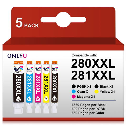 ONLYU Compatible Ink Cartridge Replacement for Canon 280 281 PGI-280XXL CLI-281XXL PGI 280 XXL CLI 281 XXL PIXMA TR7520 TR8520 TS6120 TS6220 TS6320 TS8220 TS8320 Printer (5 Packs)