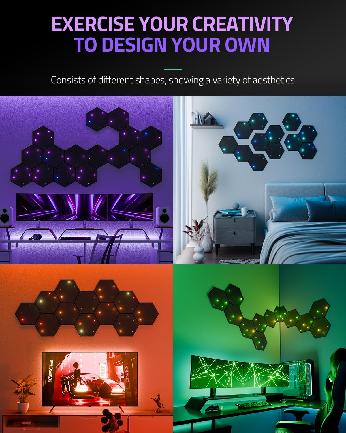 ZenSonic 12 Pack Self-adhesive Sound Proof Foam Panels for Walls 12" X 10" X 0.4" - Hexagon Acoustic Panels with Fiber Optic Starlight, Stylish Soundproof Wall Panels Absorb Noise and Wall Decor Black ZenSonic