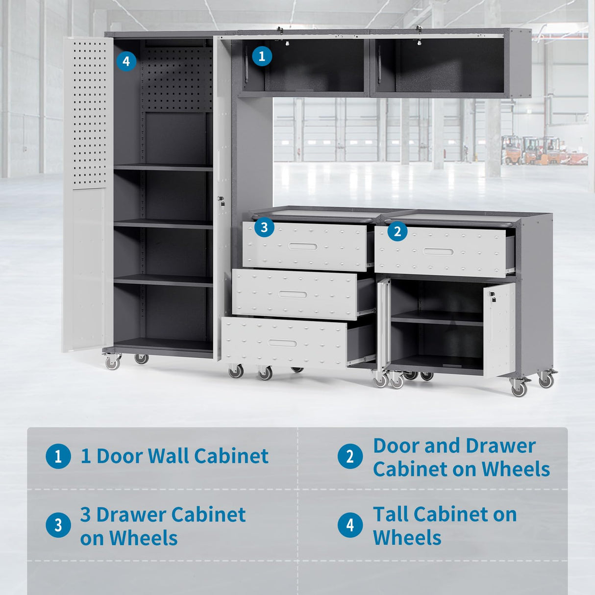 FLIXELIO Garage Storage Cabinets System 5PCS Workshop Set with Drawers Locking Heavy Duty Rolling Cart with Adjustable Shelves Garage Tool Workbench Cabinets (5 PCS-2) FLIXELIO