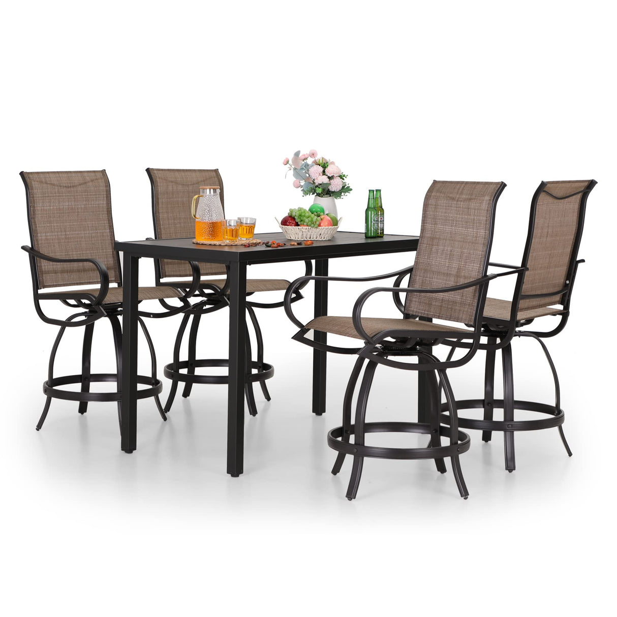 PHI VILLA 5 PCS Outdoor Bar Set, Counter Height Swivel Chair with Rectangle Metal Table, Textilene Fabric and Quick-Drying Waterproof,High Patio Set for Garden, Yard, Poolside PHI VILLA