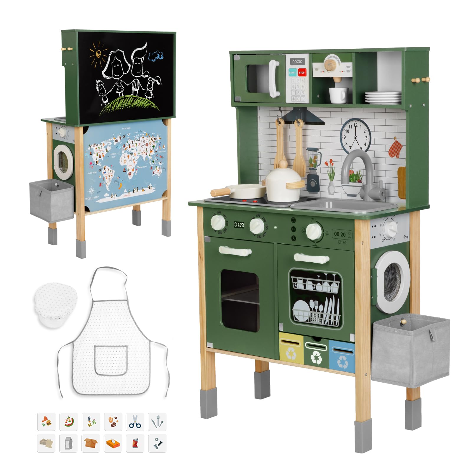 OOOK Kids Kitchen Playset with Sound and Light, Wooden Multifunctional Pretend Play Kitchen with Coffee Machine, Microwave, Dishwasher and Washer Toy ect., Kitchen Set for Kids Aged 3+ - WoodArtSupply