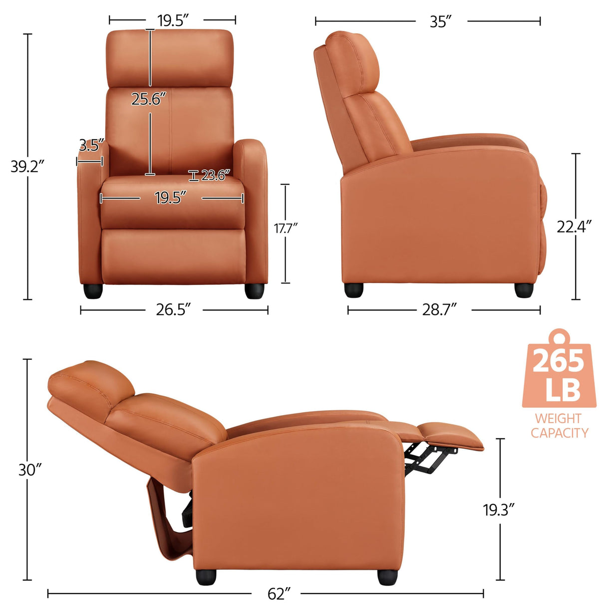 Yaheetech Recliner Chair PU Leather Recliner Sofa Home Theater Seating with Lumbar Support Overstuffed High-Density Sponge Push Tan Recliners Yaheetech