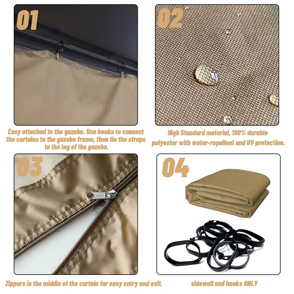 Tanxianzhe Gazebo Replacement Privacy Curtain with Zipper Outdoor Universal Privacy Panel Sidewall for 10' x 12' Gazebo (Brown) Tanxianzhe