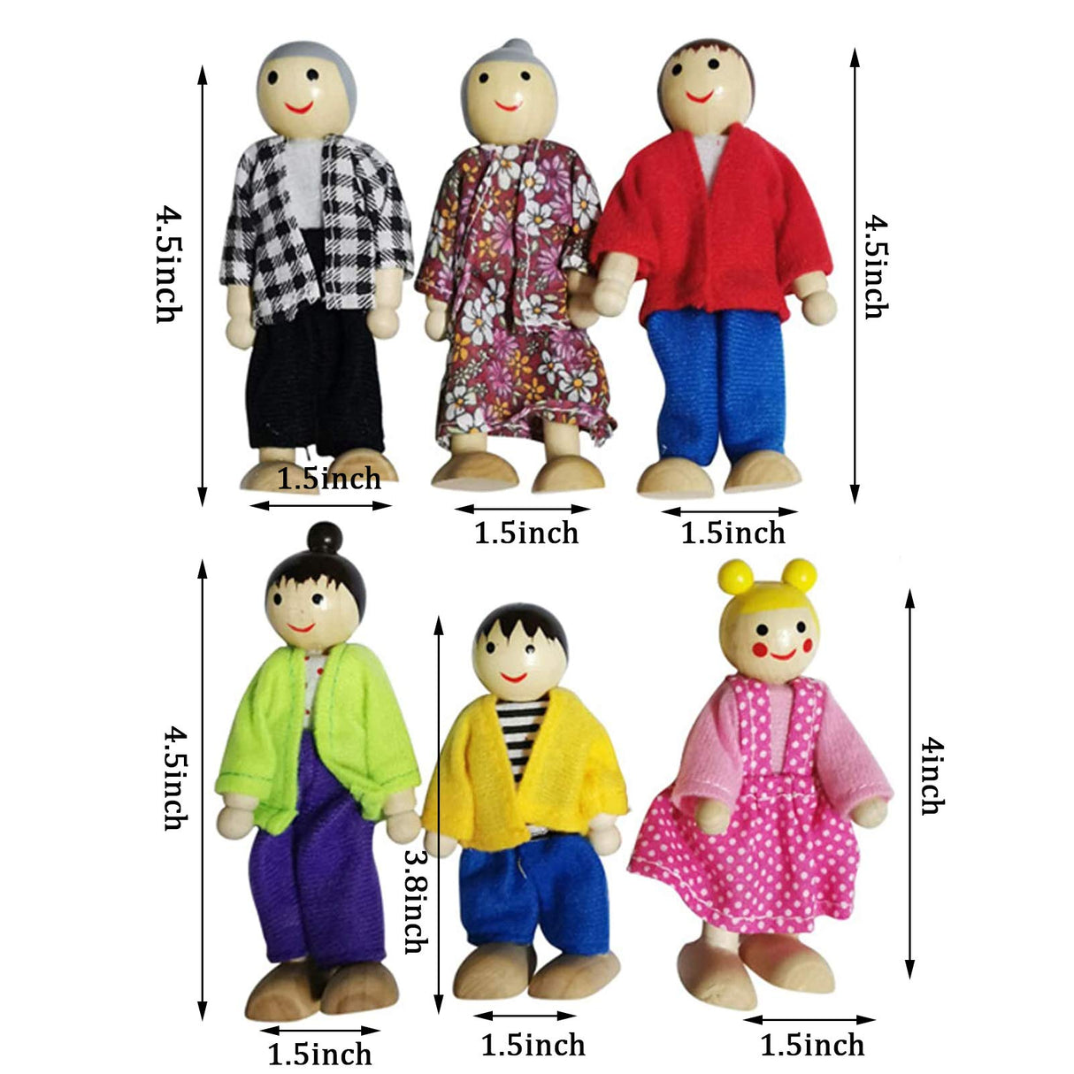 Wooden Dollhouse People, 6 Family Figures Miniature Doll House, Wooden Doll House Family Dress-up Characters Grandpa, Grandma, Mom, Dad, Boy and Girl Hvogvok