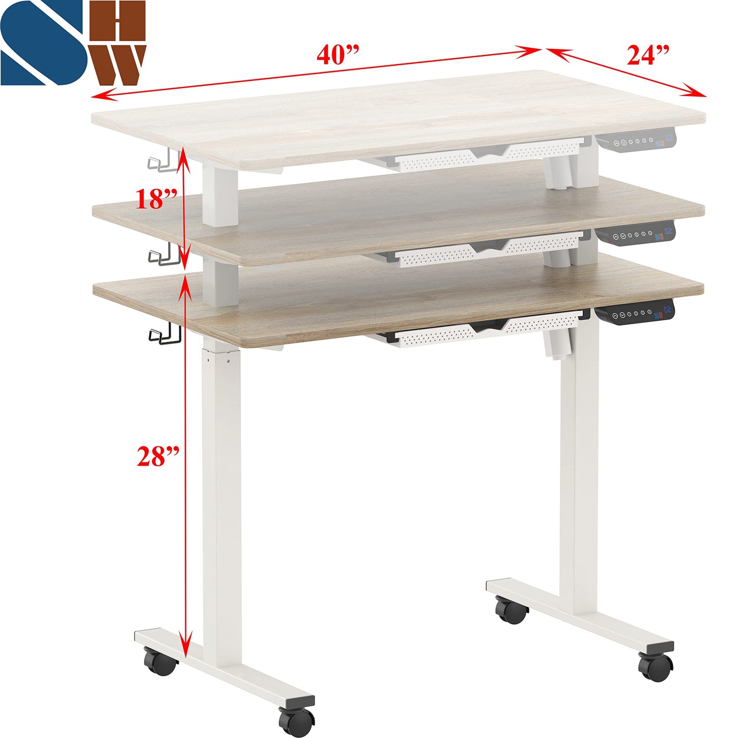 SHW Electric Height Adjustable Mobile Rolling Standing Desk Workstation, 40 x 24 Inches, Maple - WoodArtSupply