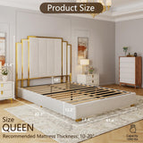 YUMPIE Queen Size Platform Bed Frame with 61" Extra Tall Headboard, Velvet Upholstered Bed with Golden Plating Trim, Wooden Slats/No Box Spring Needed/Noisy Free/Cream YUMPIE