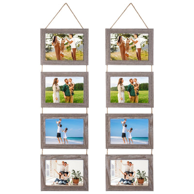 yeesport 2 PCS Farmhouse Wooden Hanging Photo Frames, Rustic Wall Picture Display with Jute Rope, Acrylic Panel 4-Photo Collage Frames for Living Room, Bedroom, Office, Stairs Decor