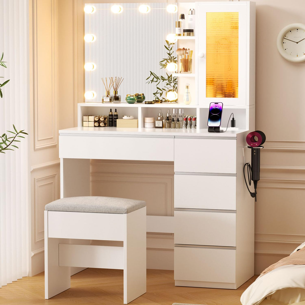 ERLEJIA Vanity, Vanity with Mirror and Lights, 35.43" Makeup Vanity Desk with Stool and Power Strip, Dressing Table with 6 Drawers and 6 Open Shelves with RGB LED Lighting Cabinet, White ERLEJIA
