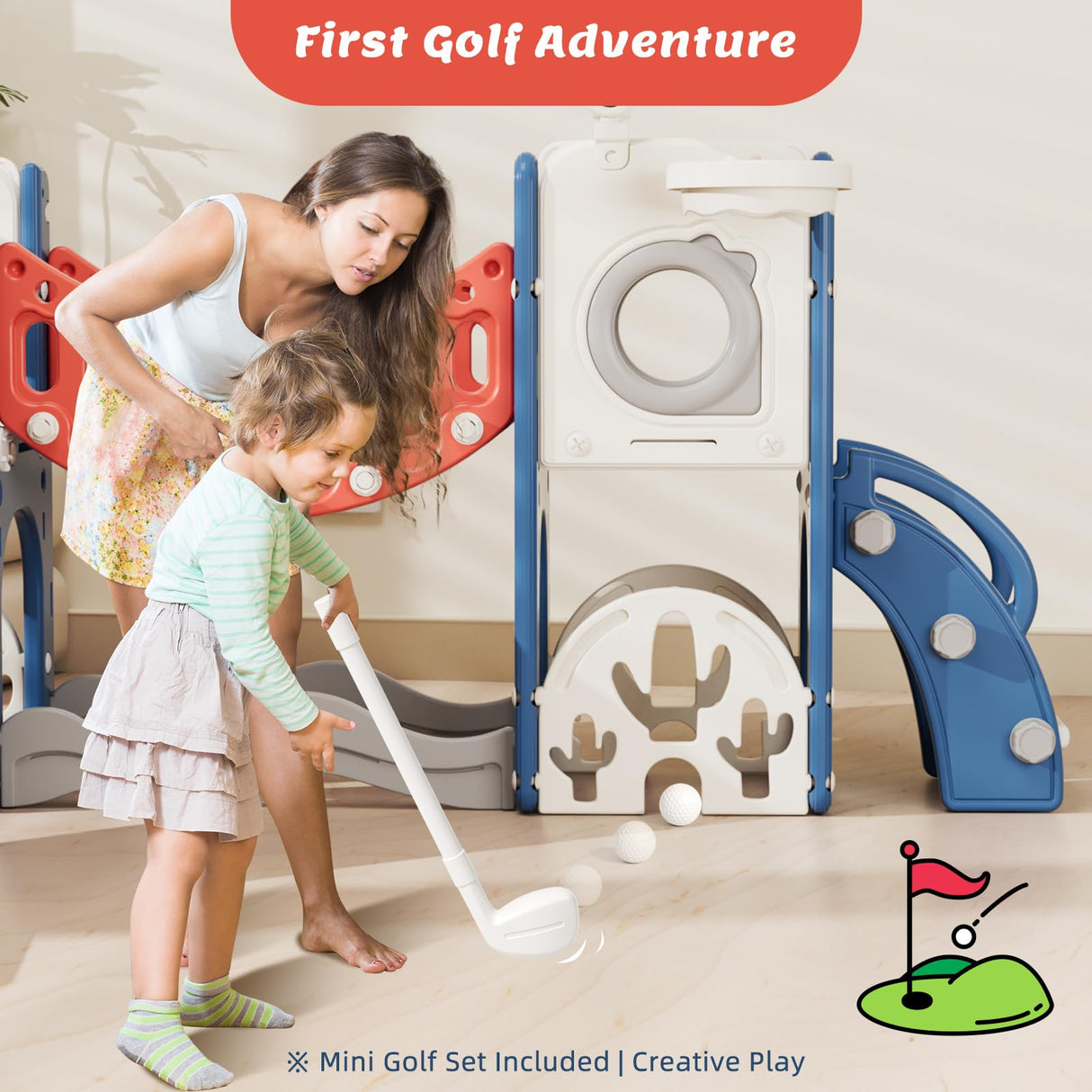 67i Toddler Indoor Playground Slide and Swing Set with Climbing Arch, Golf, Basketball - Outdoor Playset for Toddlers 1-3, Kids Activity Center (Red Blue, with Swing) 67i