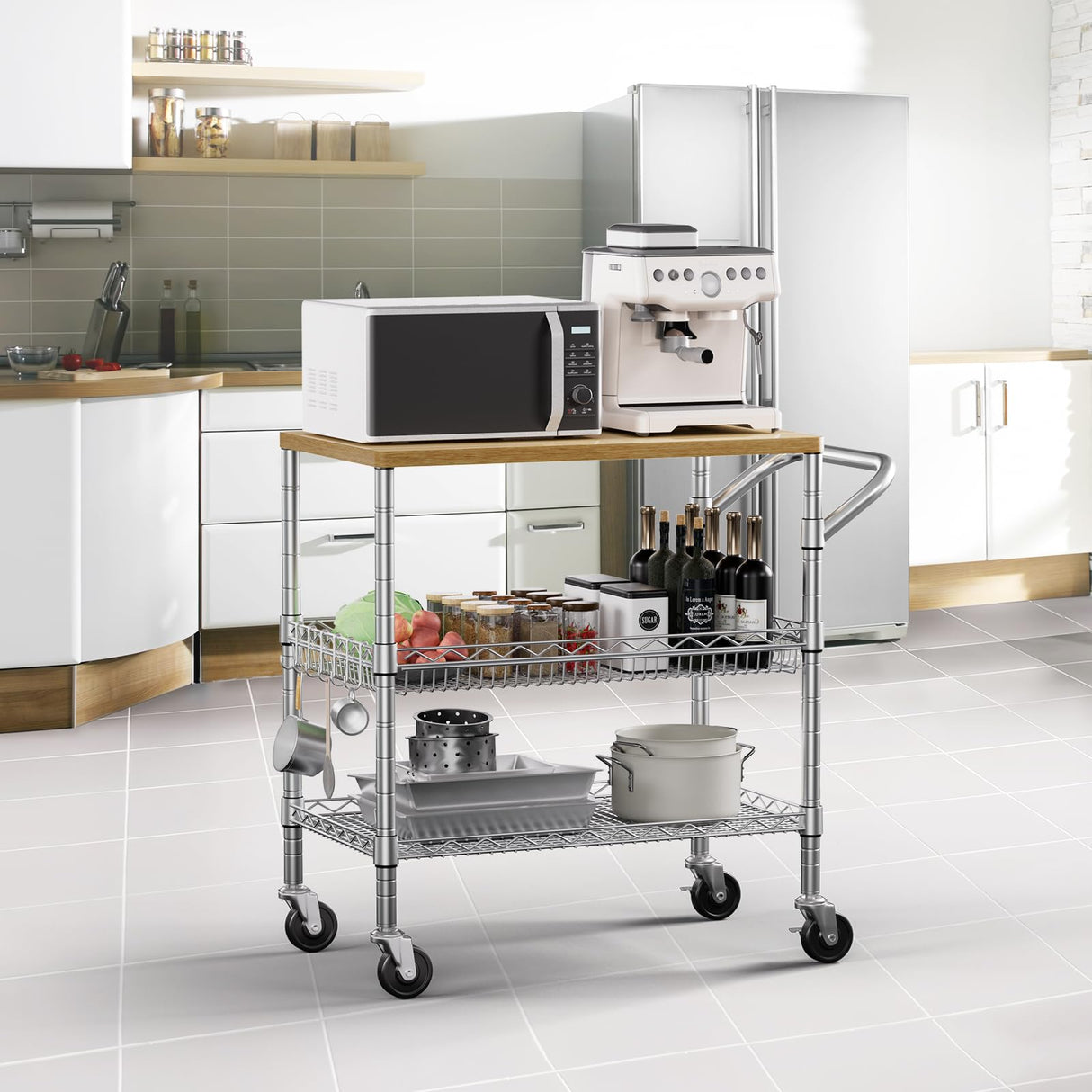 3 Tier Rolling Kitchen Carts on Wheels with Storage,650Lbs Heavy Duty Utility Carts with Wheels,Kitchen Island with Wood Tabletop,Metal Serving Rolling Cart for Small Appliance Food Cart,Wood+Metal BolDuck