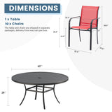 DIFY 11 Pieces Outdoor Patio Dining Set for 10, 60" Black Round Metal Dining Table and 10 Red Stackable Sling Dining Chairs, Outdoor Table and Chairs for Lawn Garden Backyard Deck DIFY