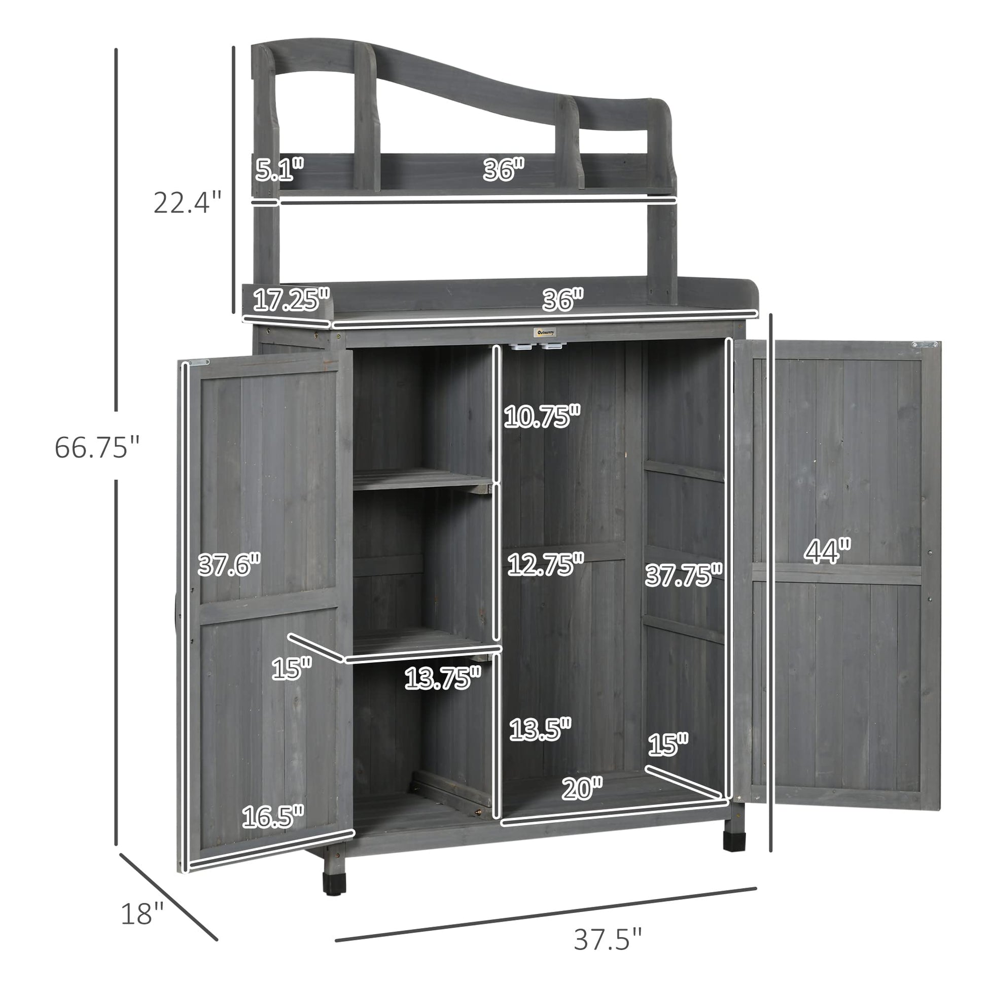 Outsunny Potting Bench Table, Outdoor Storage Cabinet, Multi-function Gardening Bench, Wooden Planting Workstation with Magnetic Doors, for Yard Tools or Pool Accessories, Gray - WoodArtSupply