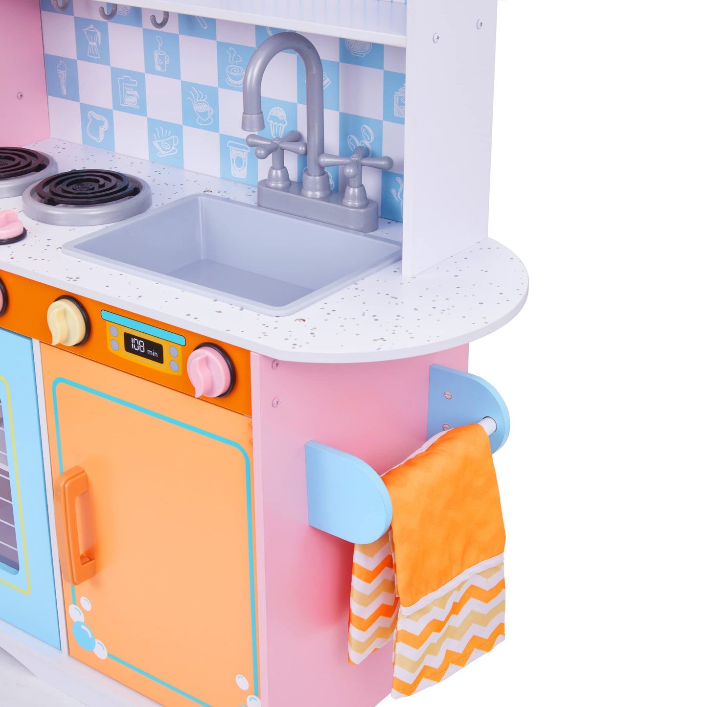 Lil' Jumbl Kids Kitchen Set, Pretend Wooden Play Kitchen with Chalk Board, Play Phone, Towel Rack & Ice Dispenser, Clicking Knobs, Pots & Utensils Included - Colorful