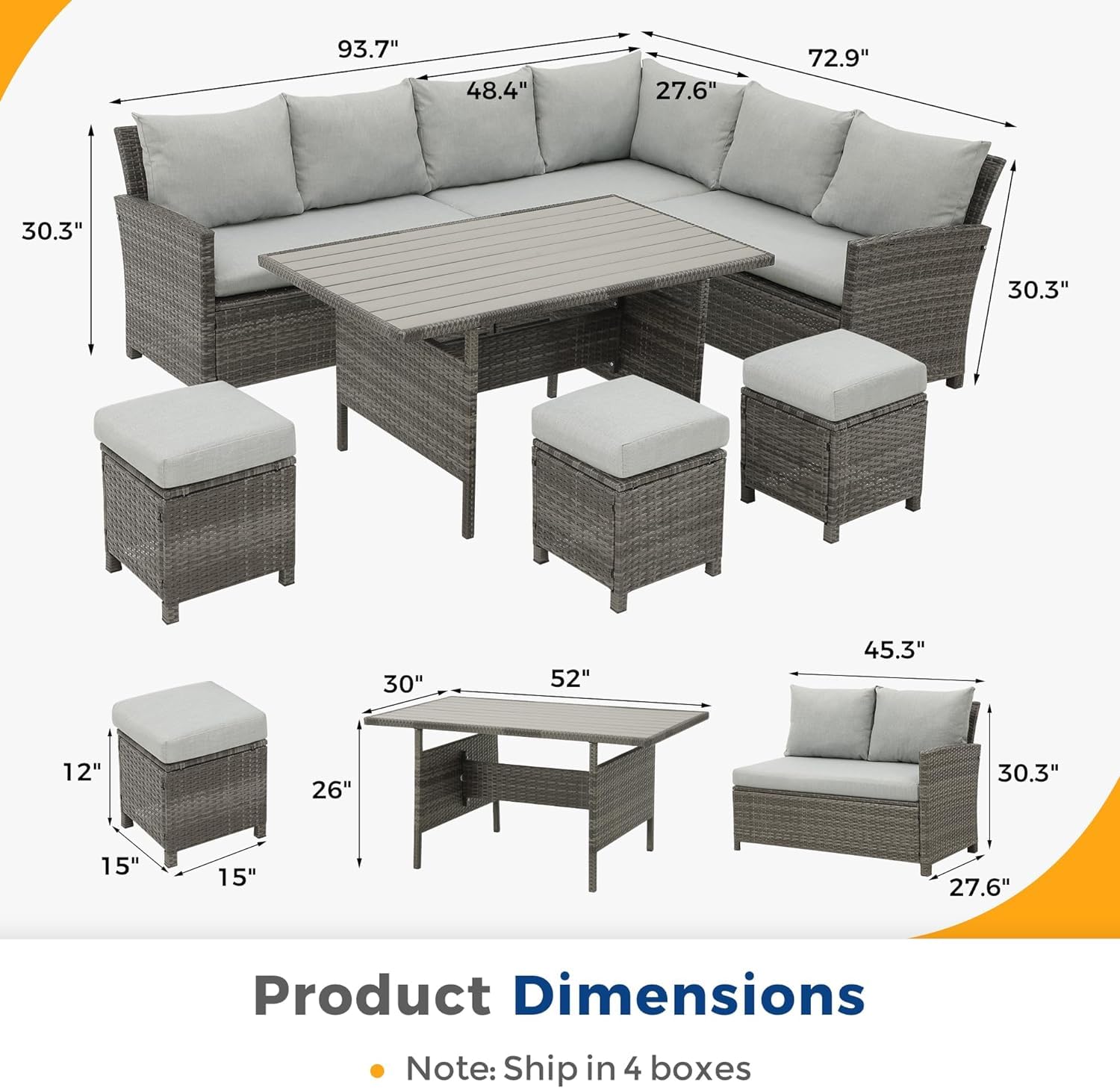 Wisteria Lane Patio Furniture Set, 7 Piece High Curved Back Outdoor Dining Sectional Sofa with Dining Table and Chair, All Weather Wicker Conversation Set with Ottoman, Grey - WoodArtSupply