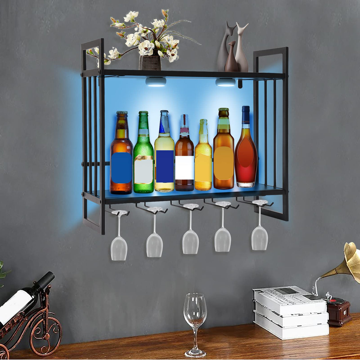 CeRaBuRET Wall Mounted LED Wine Rack, Wine Bottle Rack, Metal Hanging Wine Holder with 5 Stem Glass Holders for Storing Wine Bottles, 23.6 * 7.87 * 21.26inch CeRaBuRET