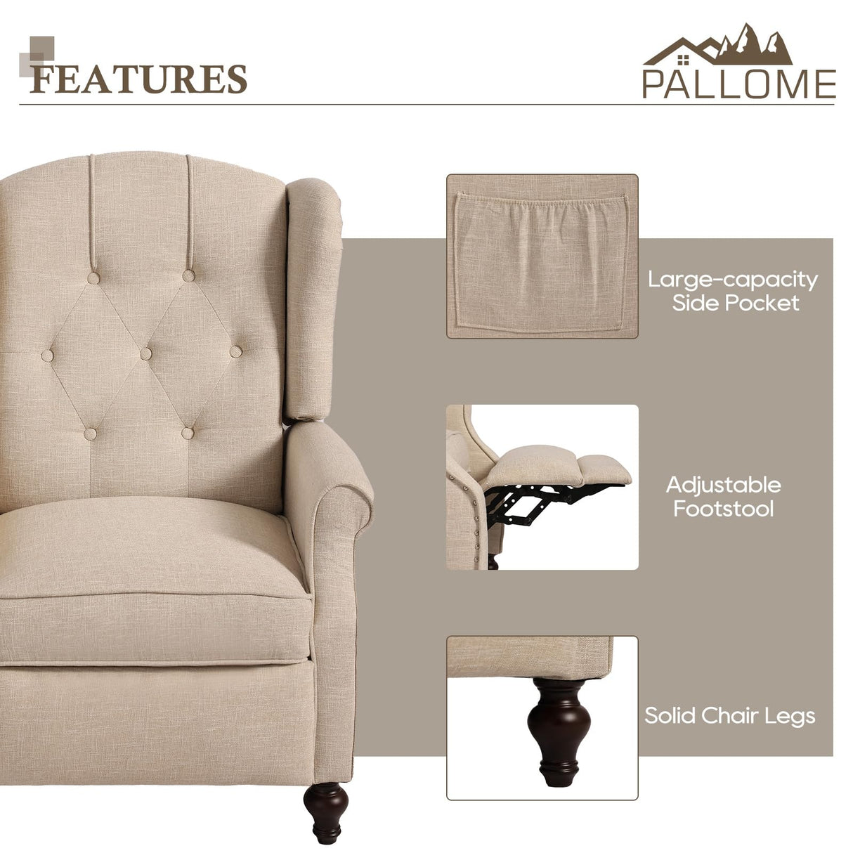 PALLOME Wingback Recliner Chair with Massage and Heat Tufted Fabric Push Back Arm Chair, Recliner Chair for Living Room Bedroom Home Theater (2,Beige) PALLOME