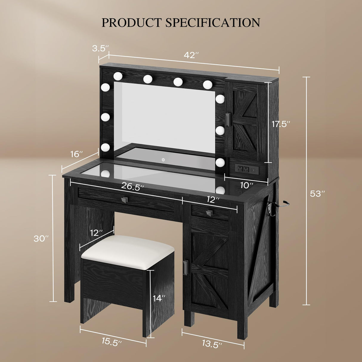 DWVO Farmhouse Vanity Desk with Light and Hollywood Makeup Mirror, Large Storage Space Vanity Set with 2 Drawers & 2 Cabinets, Dressing Table for Bedroom, Stool Included, Black DWVO