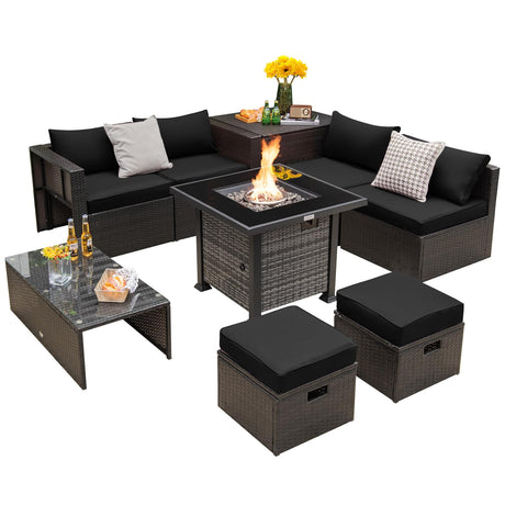 Tangkula 9 Pieces Patio Furniture Set with 50,000 BTU Propane Fire Pit Table, Outdoor Wicker Space-Saving Sectional Sofa Set with Storage Box, 32” Square Gas Fire Pit (Black) Tangkula
