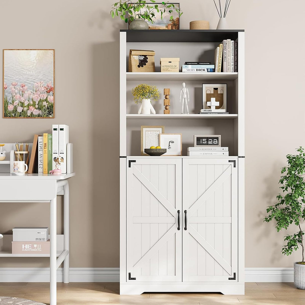 Maupvit 67" White Tall Bookshelf and Bookcase with Doors, 5-Tier Farmhouse Book Shelf with Storage Cabinet, Open Display Shelves, Wood Large Book Storage Cabinet for Living Room, Study, Kitchen, Home Maupvit