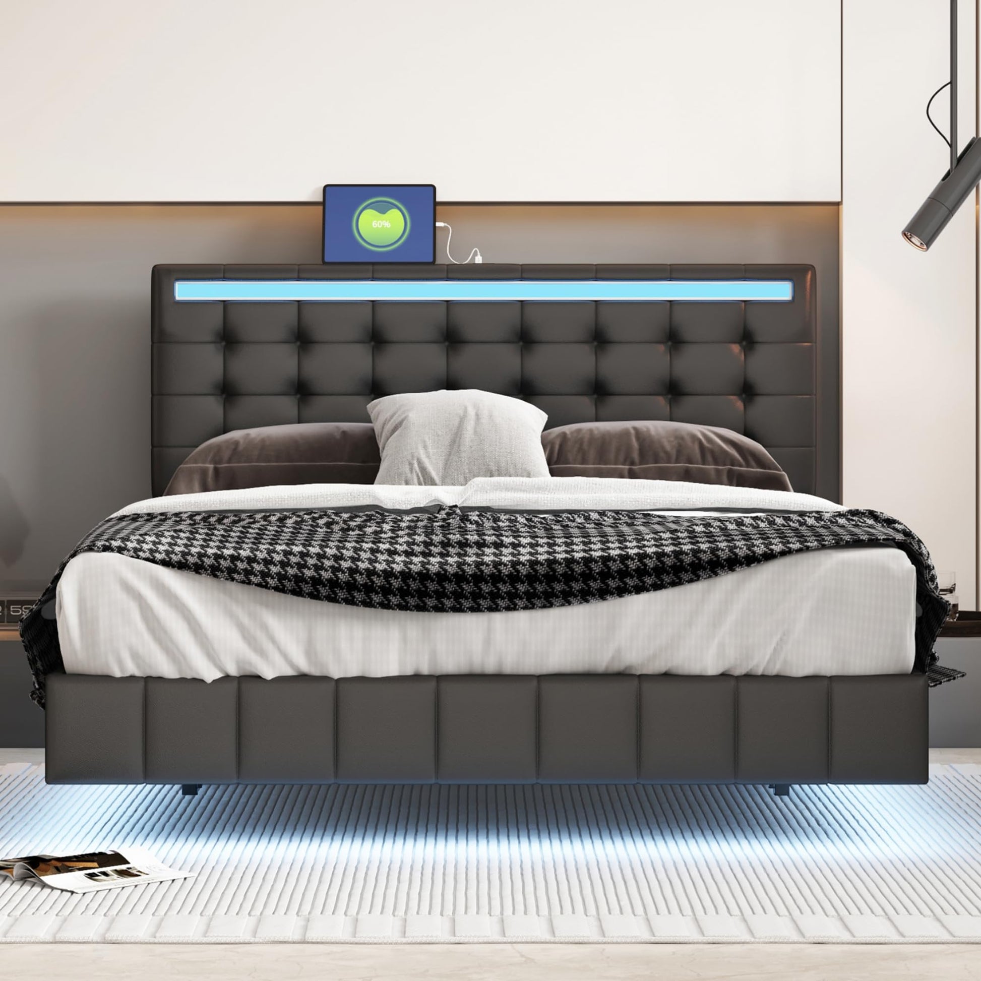 Bellemave Adjustable Queen Size Floating Bed Frame with LED Lights and USB Charger in Black - WoodArtSupply