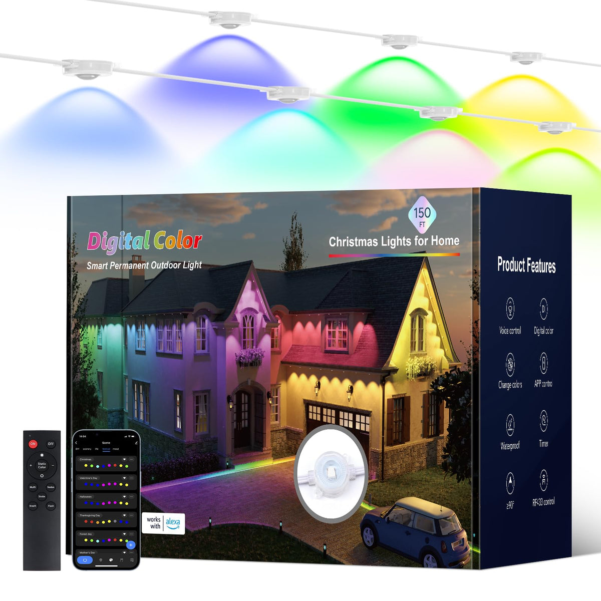 Isablelala Permanent Outdoor Lights, 150ft with 90 RGB LED Lights for Daily and Christmas, Halloween, 49 Scene Modes+DIY for Outdoor Decor, IP66 Waterproof, Compatible with Alexa, Google Assistant Isablelala