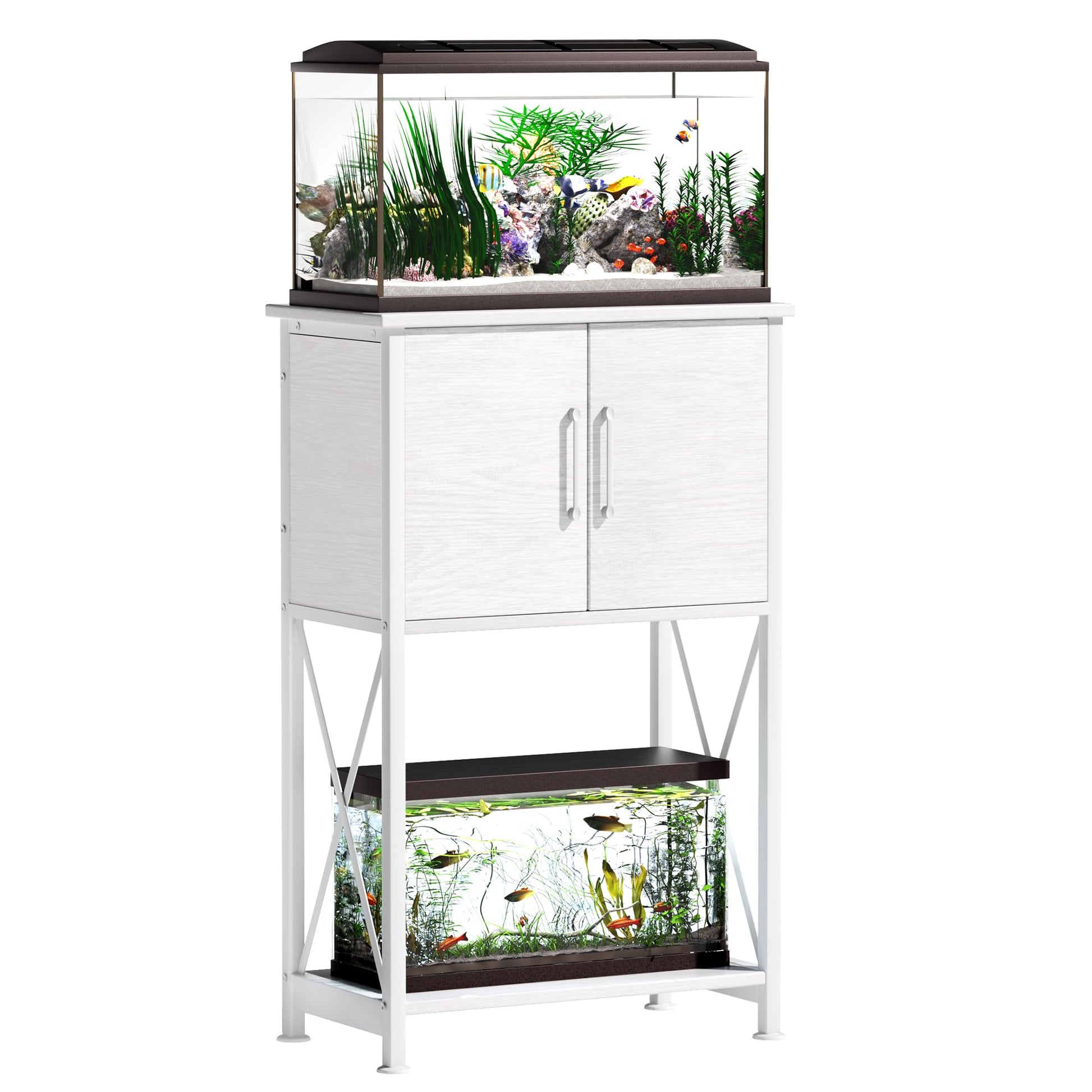 Herture 5-10 Gallon Fish Tank Stand, Metal Double Aquarium Stand with Cabinet for Fish Tank Accessories Storage, Heavy Duty 20.5" L* 11.02" W Tabletop, 500LBS Capacity White PG06YGW - WoodArtSupply