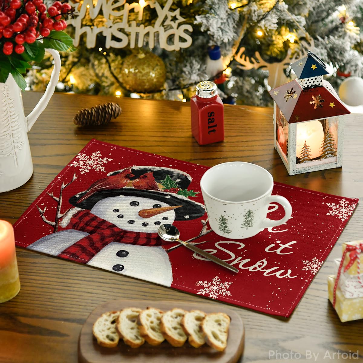 Artoid Mode Red Snowman Let It Snow Winter Placemats Set of 4, 12x18 Inch Seasonal Christmas Holiday Table Mats for Party Kitchen Dining Decoration Artoid Mode