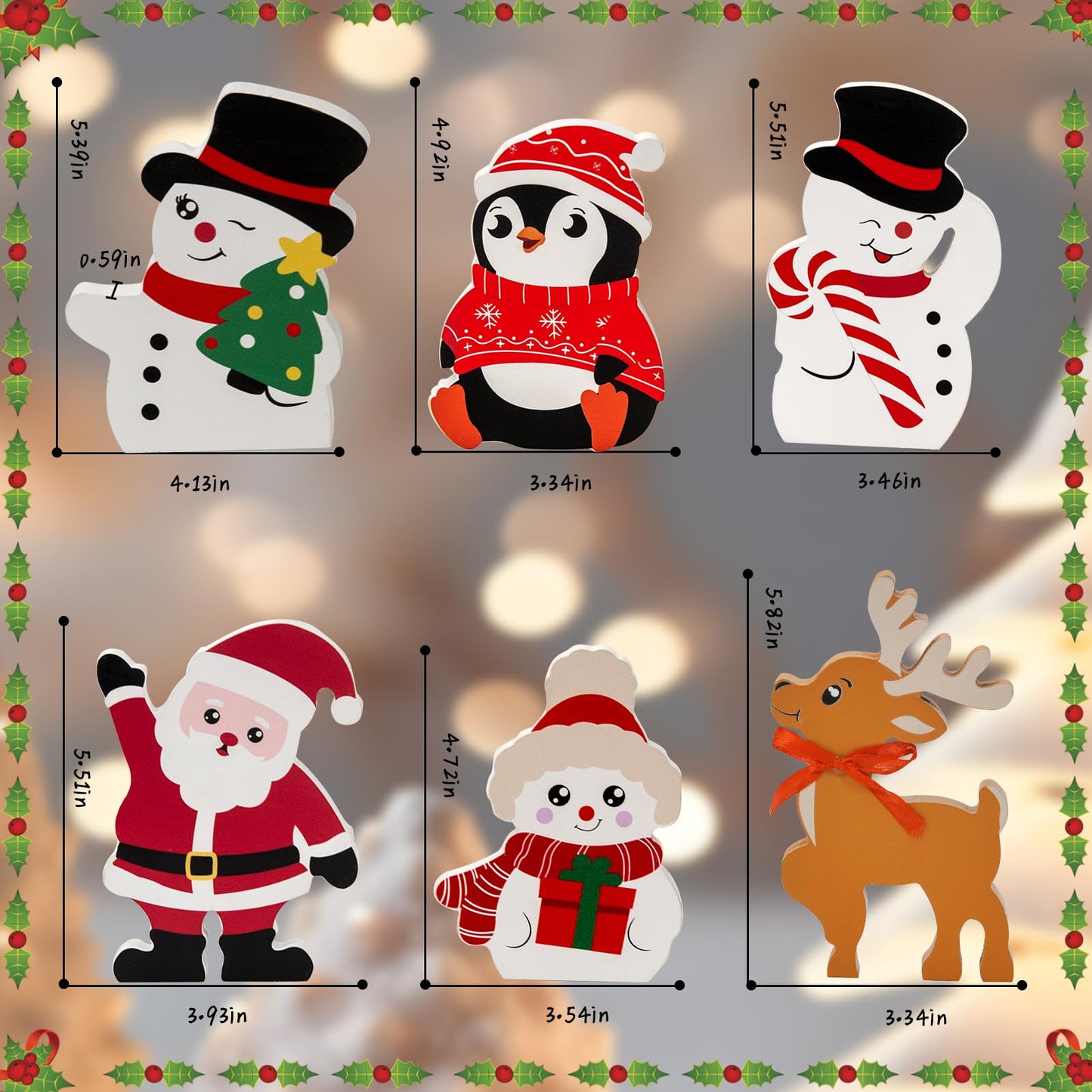 Fashlits 6 Pcs Christmas Snowman Wooden Decorations Indoor, Cute Winter Wood Table Sign with Snowman Penguin Elk Santa Claus for Xmas Party Home Office Shelf Decor