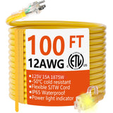12/3 Gauge Heavy Duty Outdoor Extension Cord 100 ft Waterproof with Lighted end, Flexible Cold-Resistant 3 Prong Electric Cord Outside, 15Amp 1875W 12AWG SJTW, Yellow, ETL HUANCHAIN huanchain