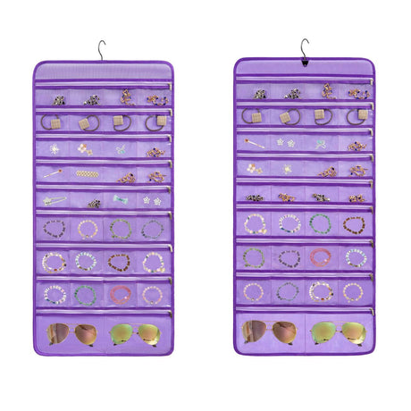 TEMUORG Travel Jewelry Organizer Dual Sided Hanging Earring Holder Bracelet Storage Rolls Rings Display Case with 68 Zippered Pockets (PURPLE) TEMUORG