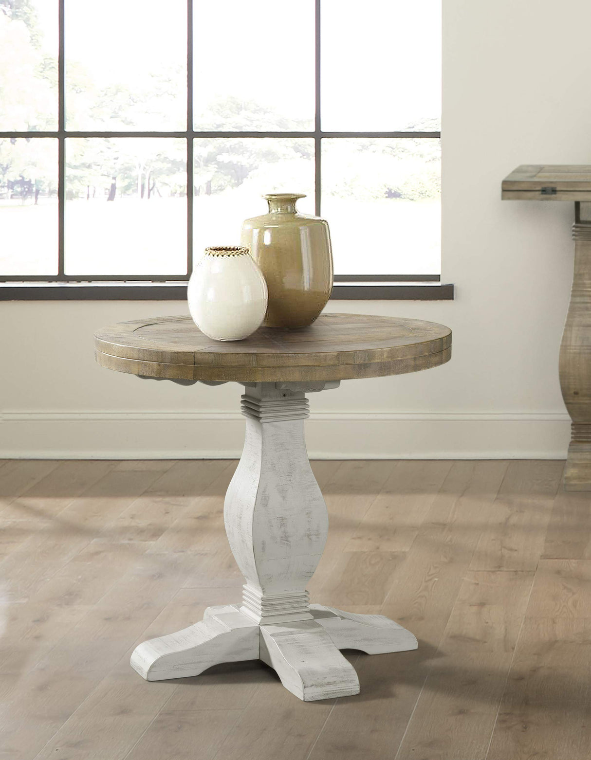 Napa Solid Wood Farmhouse Rustic Reclaimed Natural and White Stain Round End Side Accent Living Room Table, Nightstand Bedside 26" W x 26" D x 25" H Martin Svensson Home