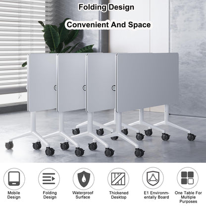 Folding Conference Table 2-10 People,Mobile Conference Room Table Rolling Meeting Table with Caster Wheels，Modern Executive Desk、Podcast Table、Extra Wide Desk、Flip Top Table (4, White, 140cm) - WoodArtSupply