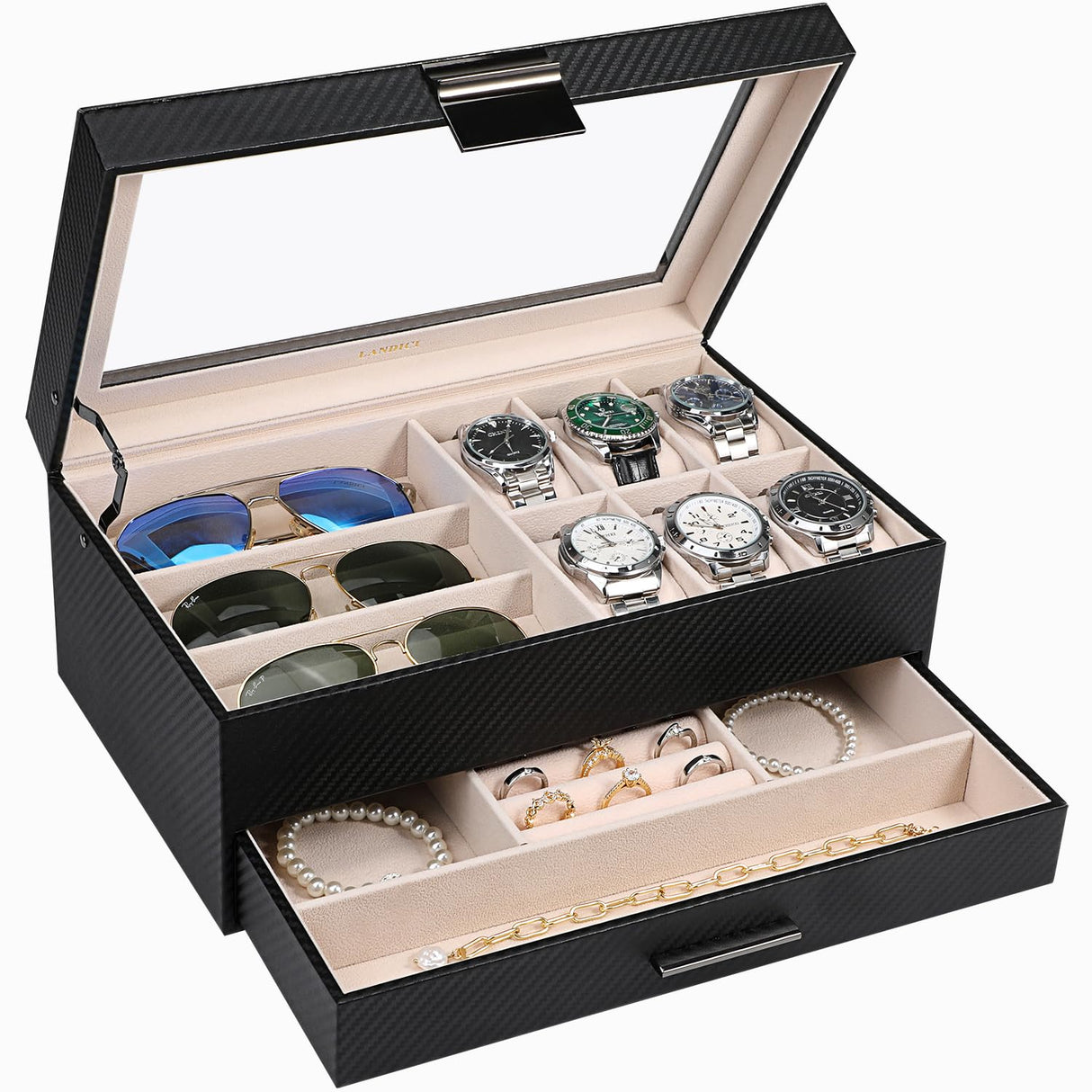 LANDICI Watch Box for Men Women 2 Layer PU Leather Watch Organizer Storage Case,Large Jewelry Box Watch Holder Organizer Display for Watch Sunglasses Bracelet Necklace Ring,Black & Apricot LANDICI