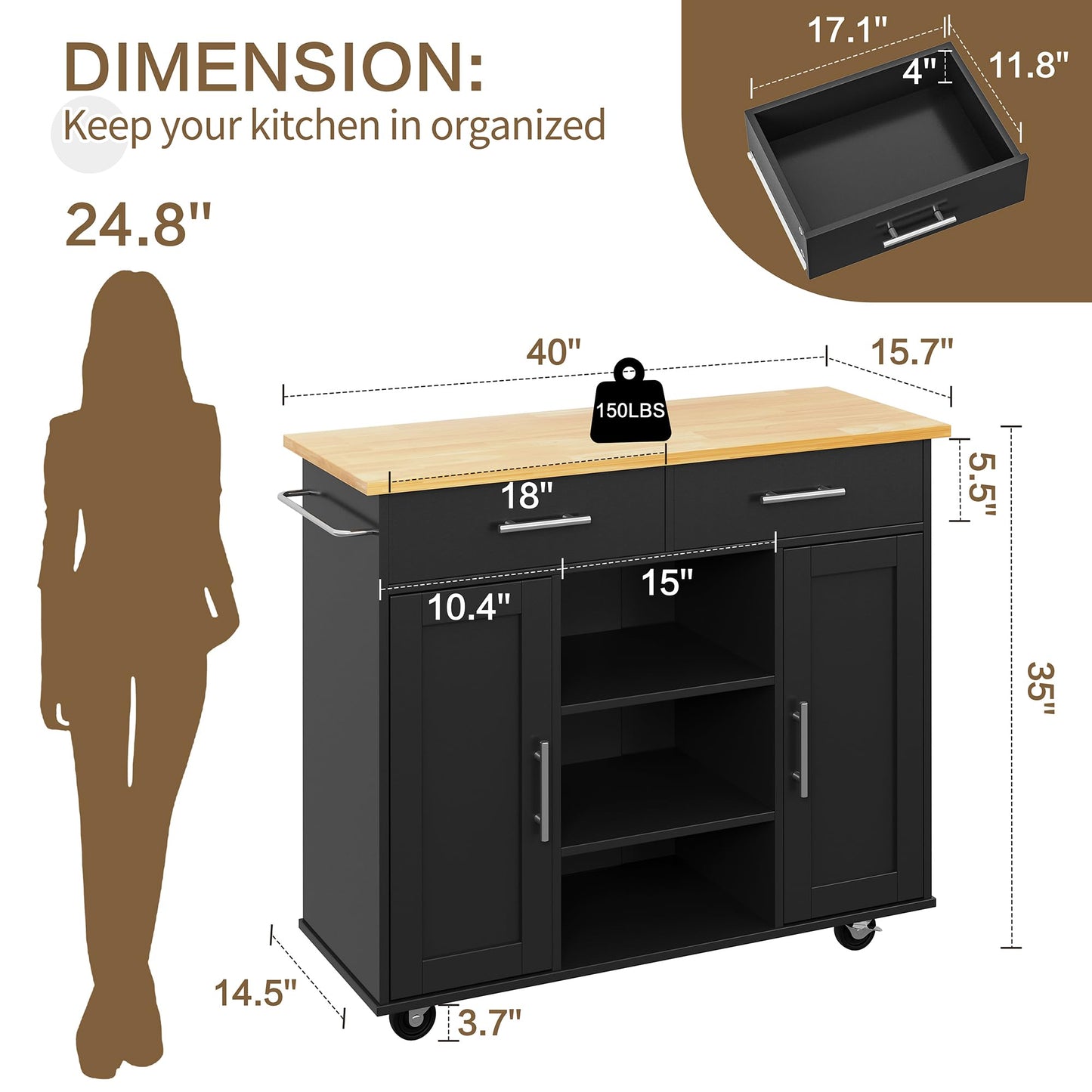 SUNLEI Kitchen Island with Storage Cart Table Rolling Butcher Block on Wheels Portable Large Mobile Counter Drop Leaf Moveable Farmhouse Floating Stand Alone Bar Drawers Wood Coffee Microwave Black